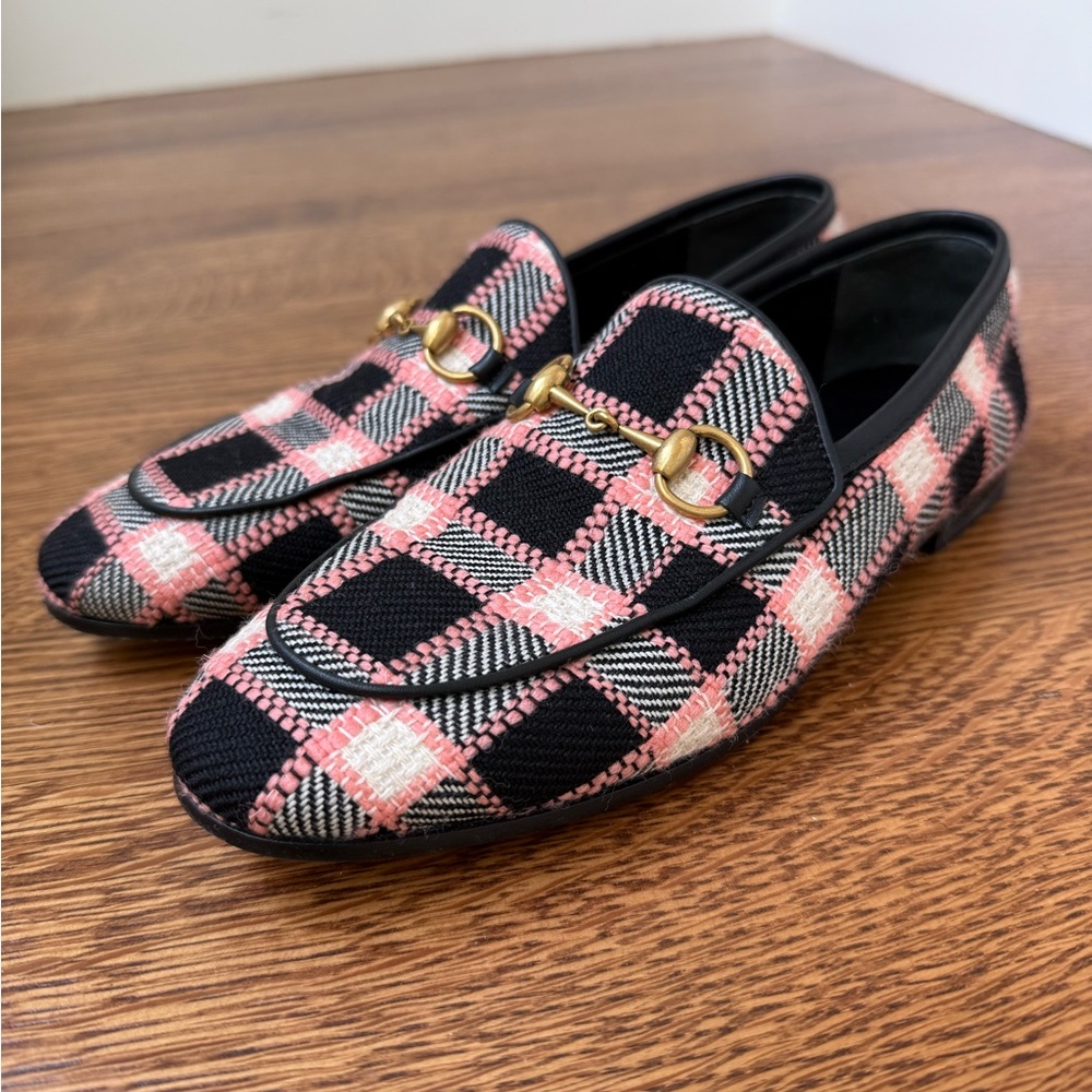 GUCCI Jordaan Loafers Horsebit Plaid Tweed Preppy Luxury Almond Toe Shoes 35.5